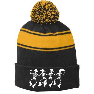 Dancing Skeletons Spooky Halloween Cowboys Line Dance Stripe Pom Pom Beanie