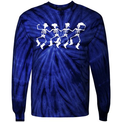 Dancing Skeletons Spooky Halloween Cowboys Line Dance Tie-Dye Long Sleeve Shirt