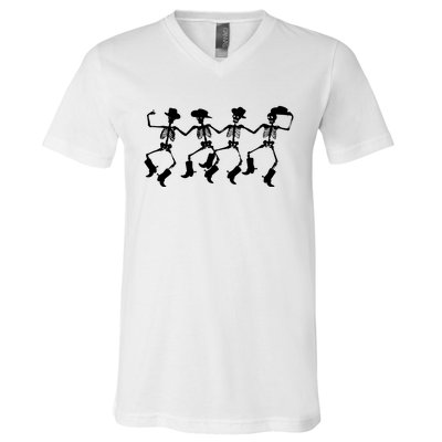 Dancing Skeletons Spooky Halloween Cowboys Line Dance V-Neck T-Shirt