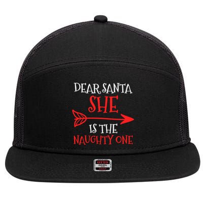 Dear Santa She Is The Naughty One Gift 7 Panel Mesh Trucker Snapback Hat