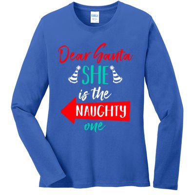 Dear Santa She Is The Naughty One Funny Couple Matching Gift Ladies Long Sleeve Shirt