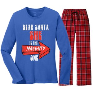 Dear Santa She Is The Naughty One Funny Christmas Couple Funny Women's Long Sleeve Flannel Pajama Set 