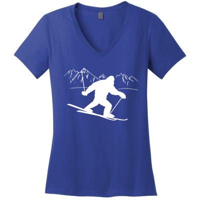 Downhill Snow Skiing Bigfoot Ski Winter Sports Alpine Gift Women's V-Neck T-Shirt