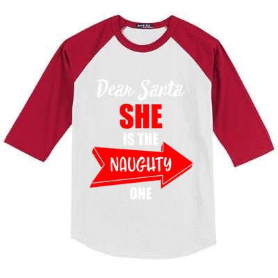 Dear Santa She Is The Naughty One Christmas Gift Kids Colorblock Raglan Jersey