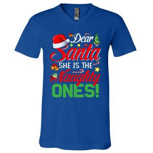 Dear Santa She Is The Naughty One Matching Couples Christmas Cool Gift V-Neck T-Shirt