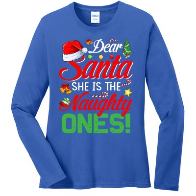 Dear Santa She Is The Naughty One Matching Couples Christmas Cool Gift Ladies Long Sleeve Shirt