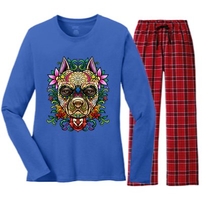 Decorated Sugar Skull Dog Great Gift Day Of The Dead Illustration Cute Gift Women's Long Sleeve Flannel Pajama Set 