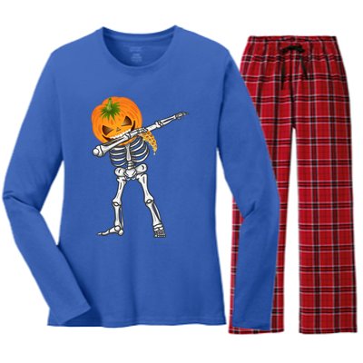 Dabbing Skeleton Scary Pumpkin Head Pizza Lover Dab Ghost Gift Women's Long Sleeve Flannel Pajama Set 