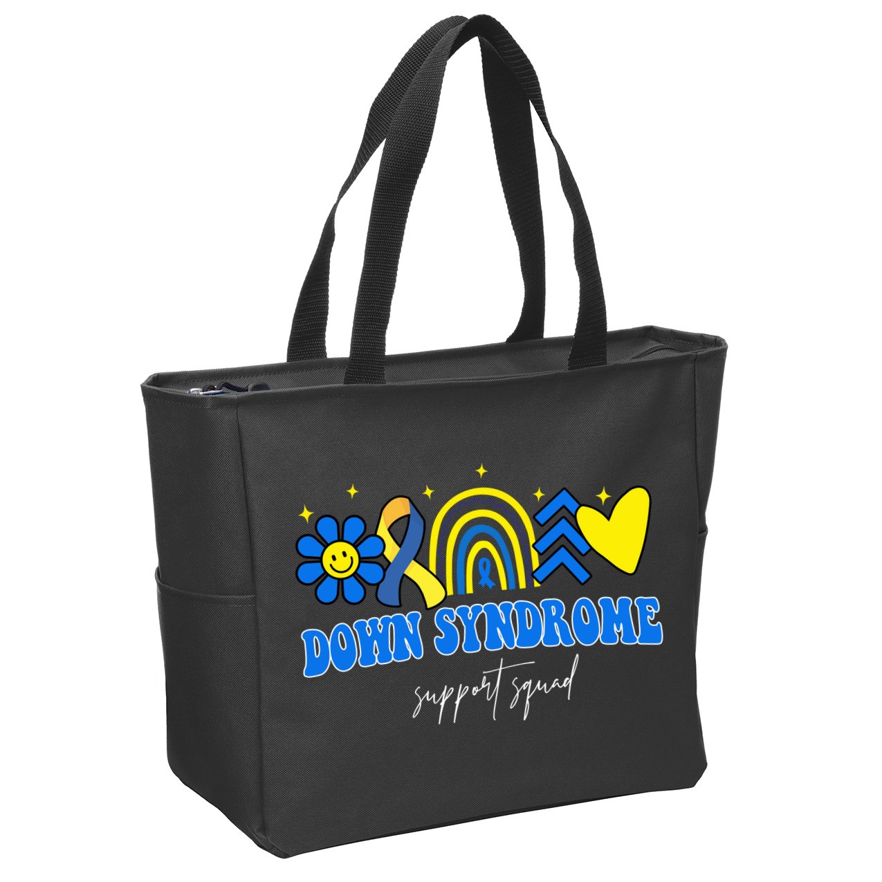 Down Syndrome Support Squad Rainbow Floral Heart Zip Tote Bag