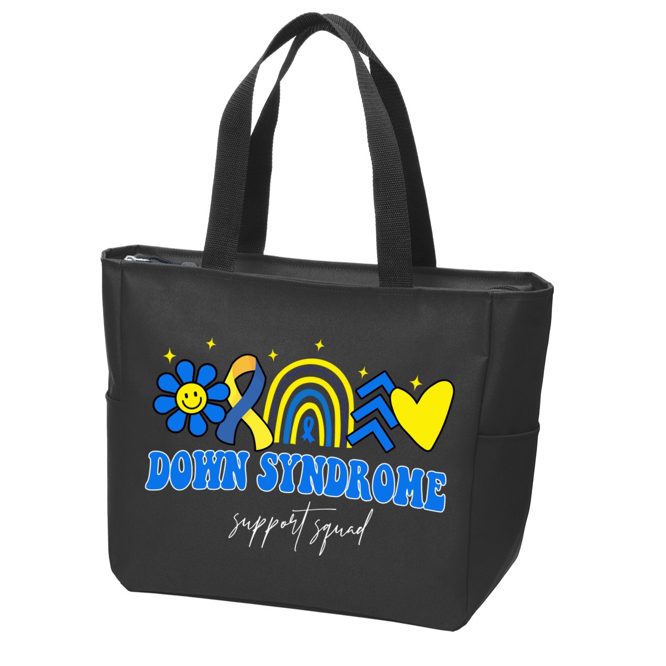 Down Syndrome Support Squad Rainbow Floral Heart Zip Tote Bag