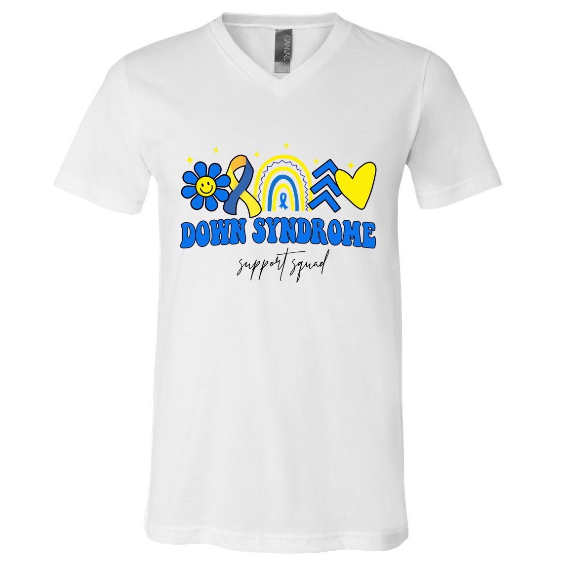 Down Syndrome Support Squad Rainbow Floral Heart V-Neck T-Shirt
