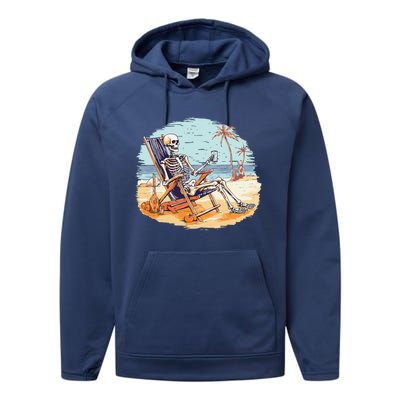 Drinking Skeleton Summer Tropical Beach Vacation Skeleton Performance Fleece Hoodie