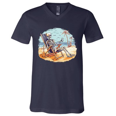 Drinking Skeleton Summer Tropical Beach Vacation Skeleton V-Neck T-Shirt