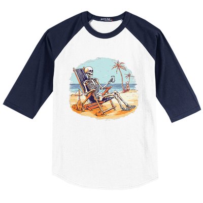 Drinking Skeleton Summer Tropical Beach Vacation Skeleton Baseball Sleeve Shirt