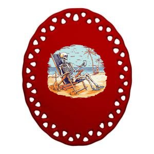 Drinking Skeleton Summer Tropical Beach Vacation Skeleton Ceramic Oval Ornament