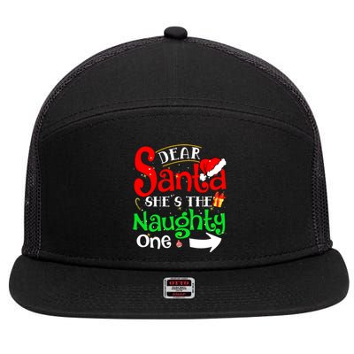 Dear Santa She Is The Naughty One Matching Couple Christmas Gift 7 Panel Mesh Trucker Snapback Hat