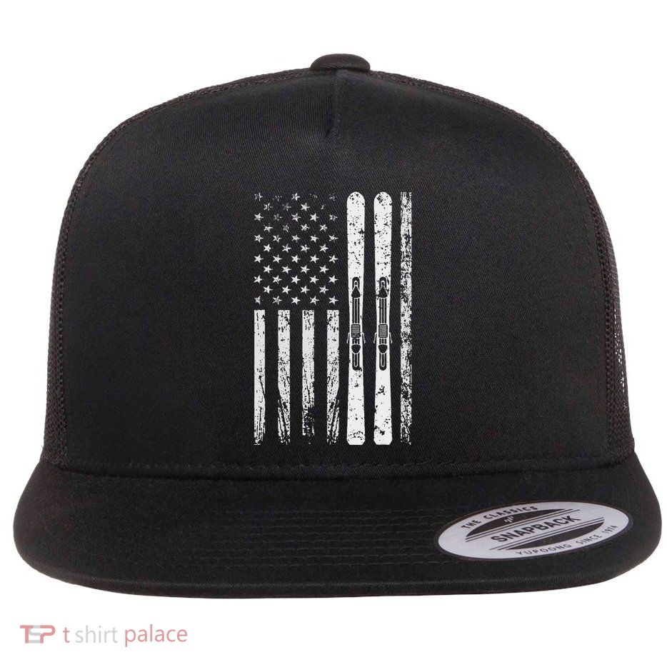 Downhill Ski Team 4th Of July Usa American Flag Skiing Skier Flat Bill Trucker Hat