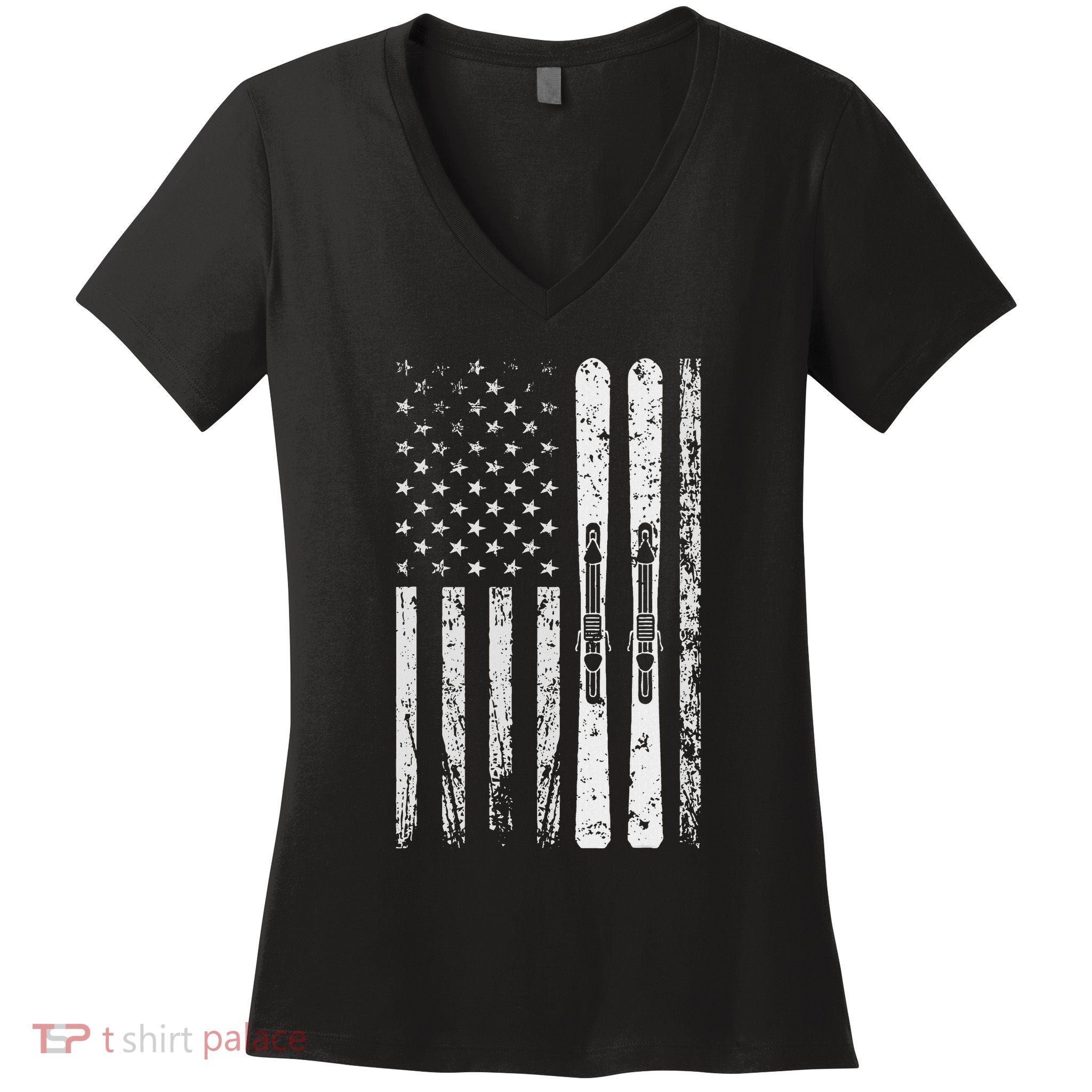 Downhill Ski Team 4th Of July Usa American Flag Skiing Skier Women's V-Neck T-Shirt