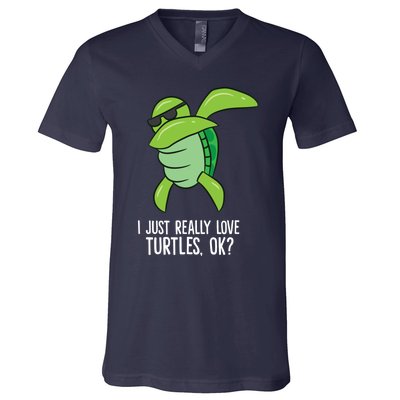 Dabbing Sea Turtle I Just Really Love Turtles Ok? V-Neck T-Shirt