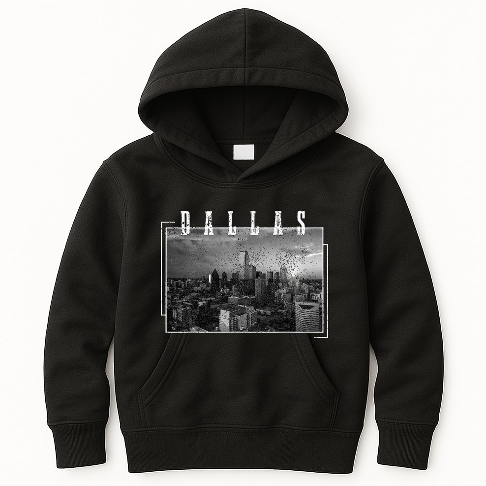 Dallas Skyline Texas Pride Vintage Black & White Photograph Kids Hoodie