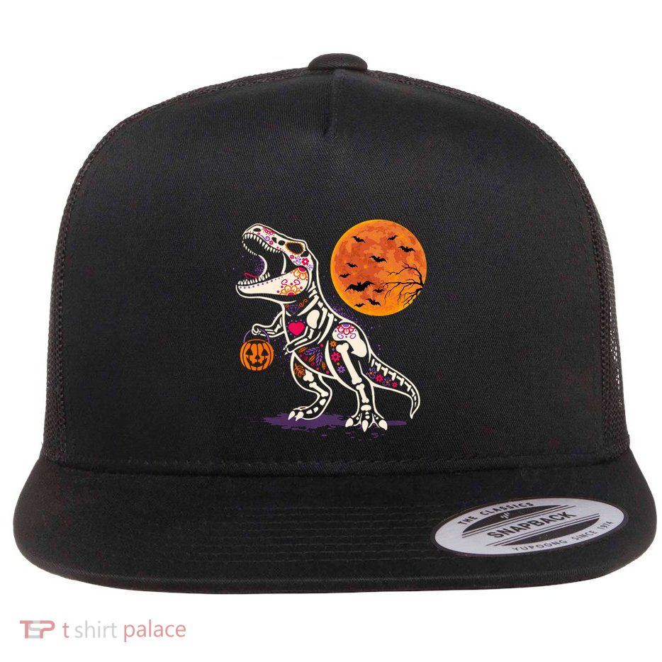 Dinosaur Skeleton T Rex Patterns Scary Halloween Hoodie Flat Bill Trucker Hat