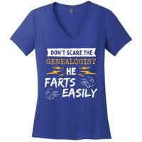 Don't Scare The Genealogist He Farts Easily Genealogy Farter Gift Women's V-Neck T-Shirt