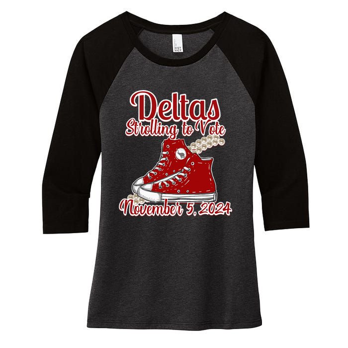 Deltas Strolling To Vote November 5 2024 Chucks And Pearls Women's Tri-Blend 3/4-Sleeve Raglan Shirt