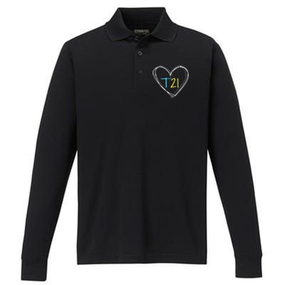 Down Syndrome T21 Awareness For Women With Hearts Performance Long Sleeve Polo