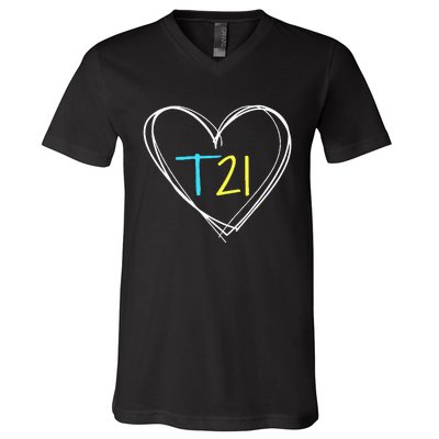 Down Syndrome T21 Awareness For Women With Hearts V-Neck T-Shirt