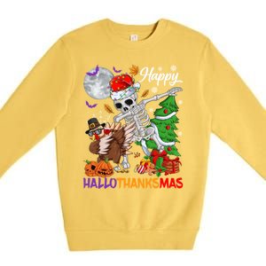 Dabbing Skeleton Turkey Christmas Tree Happy Hallothanksmas Gift Premium Crewneck Sweatshirt