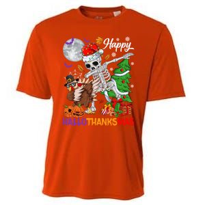 Dabbing Skeleton Turkey Christmas Tree Happy Hallothanksmas Gift Cooling Performance Crew T-Shirt