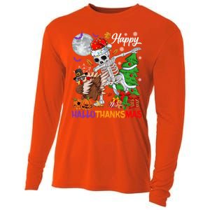 Dabbing Skeleton Turkey Christmas Tree Happy Hallothanksmas Gift Cooling Performance Long Sleeve Crew