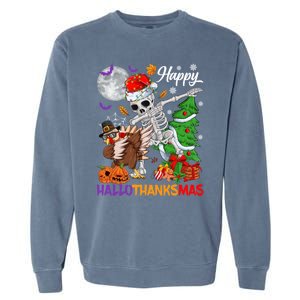 Dabbing Skeleton Turkey Christmas Tree Happy Hallothanksmas Gift Garment-Dyed Sweatshirt