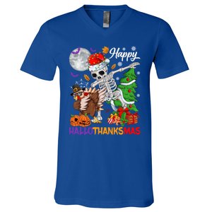 Dabbing Skeleton Turkey Christmas Tree Happy Hallothanksmas Gift V-Neck T-Shirt