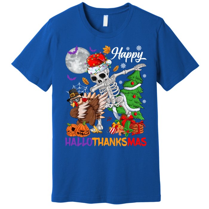 Dabbing Skeleton Turkey Christmas Tree Happy Hallothanksmas Gift Premium T-Shirt