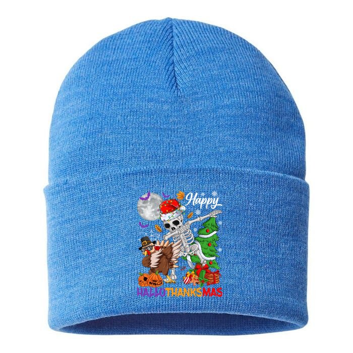 Dabbing Skeleton Turkey Christmas Tree Happy Hallothanksmas Gift Sustainable Knit Beanie