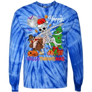 Dabbing Skeleton Turkey Christmas Tree Happy Hallothanksmas Gift Tie-Dye Long Sleeve Shirt