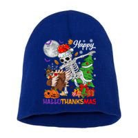 Dabbing Skeleton Turkey Christmas Tree Happy Hallothanksmas Gift Short Acrylic Beanie