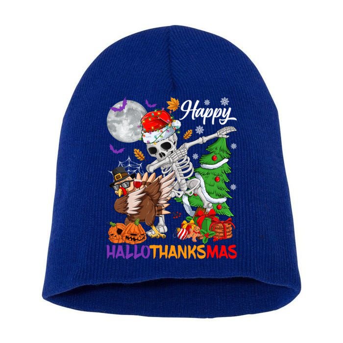 Dabbing Skeleton Turkey Christmas Tree Happy Hallothanksmas Gift Short Acrylic Beanie