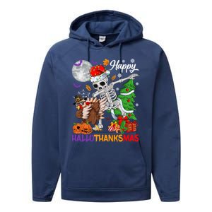 Dabbing Skeleton Turkey Christmas Tree Happy Hallothanksmas Gift Performance Fleece Hoodie