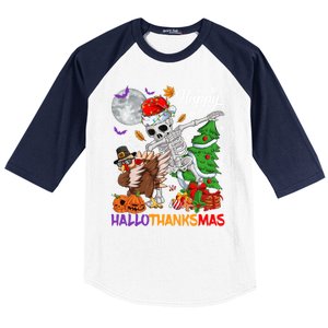 Dabbing Skeleton Turkey Christmas Tree Happy Hallothanksmas Gift Baseball Sleeve Shirt