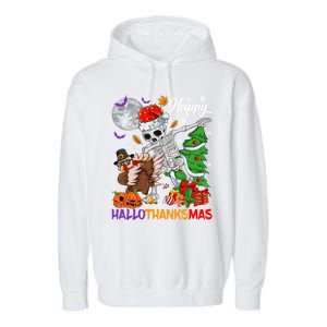 Dabbing Skeleton Turkey Christmas Tree Happy Hallothanksmas Gift Garment-Dyed Fleece Hoodie