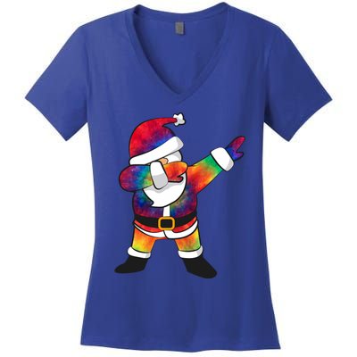 Dabbing Santa Tie Dye Christmas Long Sleeve Dab Women's V-Neck T-Shirt