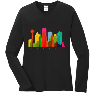 Dallas Skyline Texas Colorful Vintage Dallas Ladies Long Sleeve Shirt