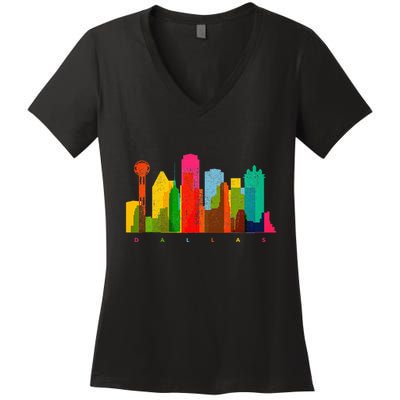 Dallas Skyline Texas Colorful Vintage Dallas Women's V-Neck T-Shirt