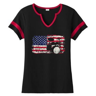 Drum Sets Usa Flag Drummer Music Lover Drumming Ladies Halftime Notch Neck Tee