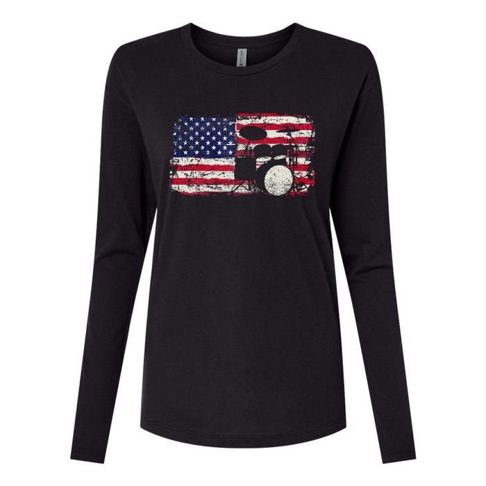 Drum Sets Usa Flag Drummer Music Lover Drumming Womens Cotton Relaxed Long Sleeve T-Shirt