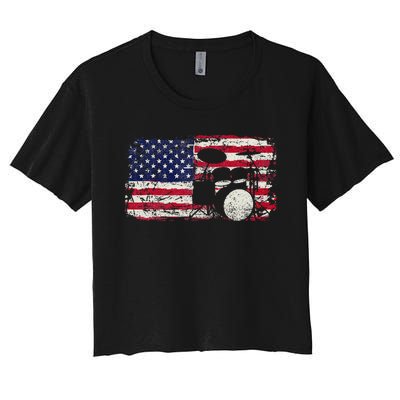 Drum Sets Usa Flag Drummer Music Lover Drumming Women's Crop Top Tee