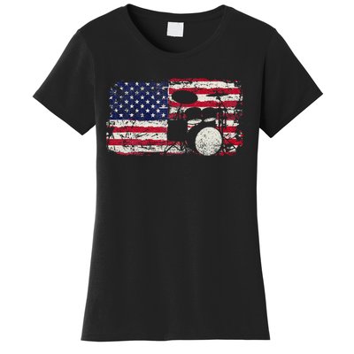 Drum Sets Usa Flag Drummer Music Lover Drumming Women's T-Shirt