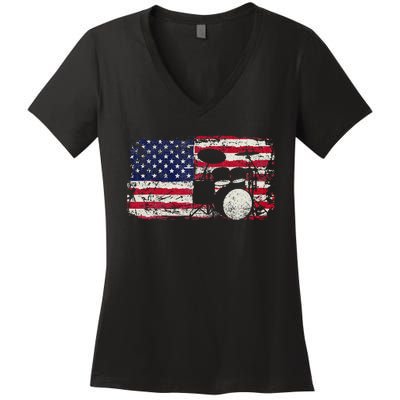 Drum Sets Usa Flag Drummer Music Lover Drumming Women's V-Neck T-Shirt